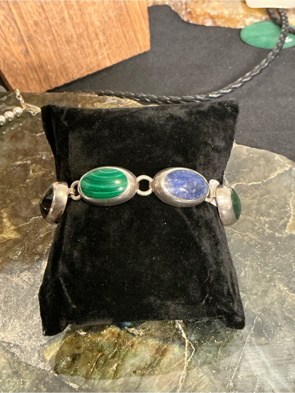 Taxco Silver Multi-Stone Bracelet with Green Malachite and Blue Lapis